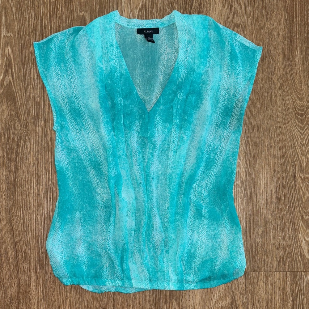 Alfani Blue Teal Animal Print V-Neck Cap Sleeve Sheer Blouse 4